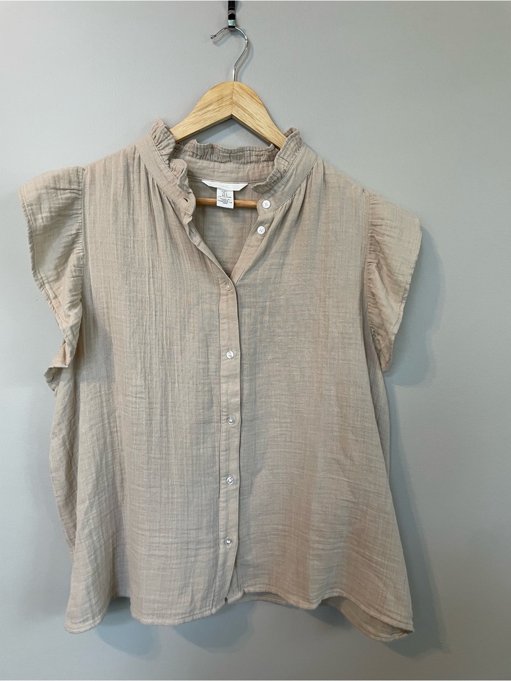 H&M Beige Cotton Muslin Flutter Sleeve Ruffle Blouse L